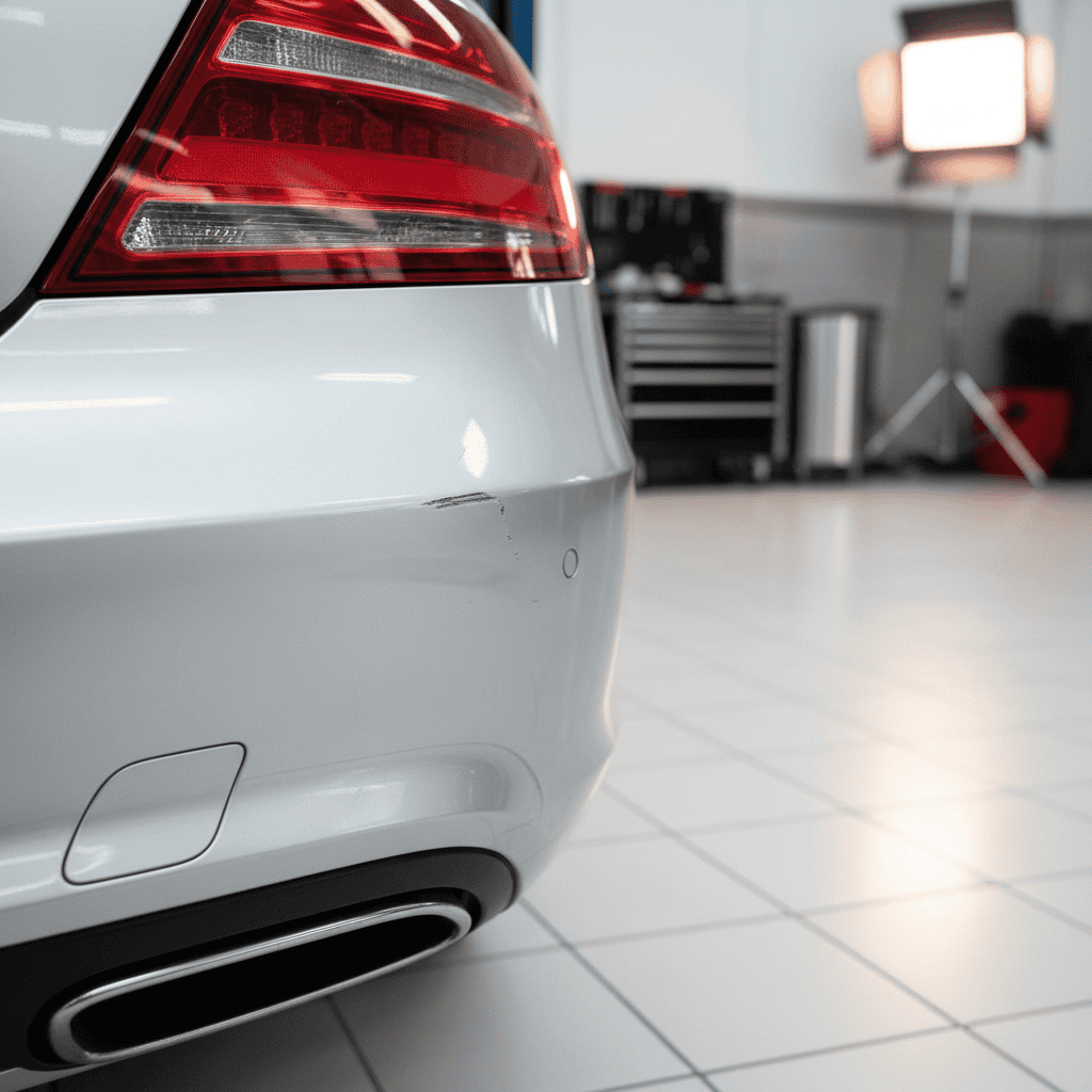 A close-up, sharply focused image of a luxury car’s metallic silver rear bumper and taillight, featuring a slight, fresh scratch disrupting the otherwise flawless glossy surface. The car is in a neat, high-end service bay with clean tiled floors and reflective steel equipment subtly blurred in the background. Soft studio-style lighting runs from top right, illuminating the contours and highlighting both the quality of the finish and the imperfection. The mood is analytical and objective, with the composition focused on the damage, using shallow depth of field to accentuate detail. Style is photorealistic and corporate, visually explaining vehicle value loss context.