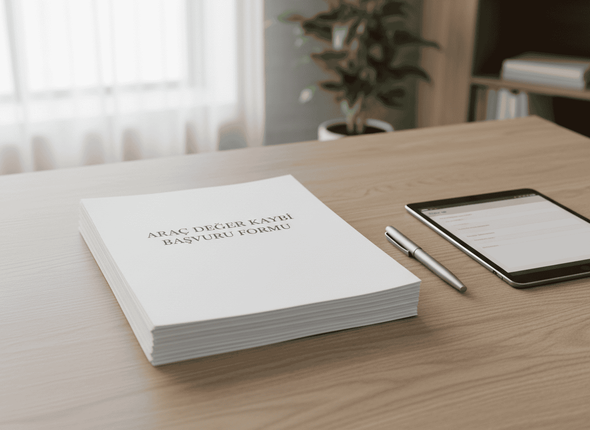 A stack of crisp, white documents with elegant, minimalist typography labeled 'Araç Değer Kaybı Başvuru Formu' sits neatly on a large, light oak business desk. A matte silver pen rests beside the stack, and a sleek, modern tablet is turned slightly away, displaying a neutral-toned form. Gentle, diffused daylight from a nearby window creates subtle highlights and soft, inviting shadows across the workspace. The mood is organized and trustworthy, shot from a slightly elevated angle for clean, structured composition. The artistic style is clean, photographic realism with a balanced, neutral palette—emphasizing the business’s professional and efficient approach to value loss claims.